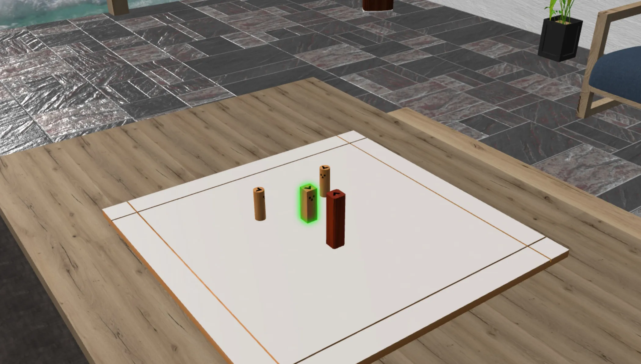 Screenshot: Online-Systembrett mit Holzfiguren auf einem Tisch im virtuellen 3D-Raum