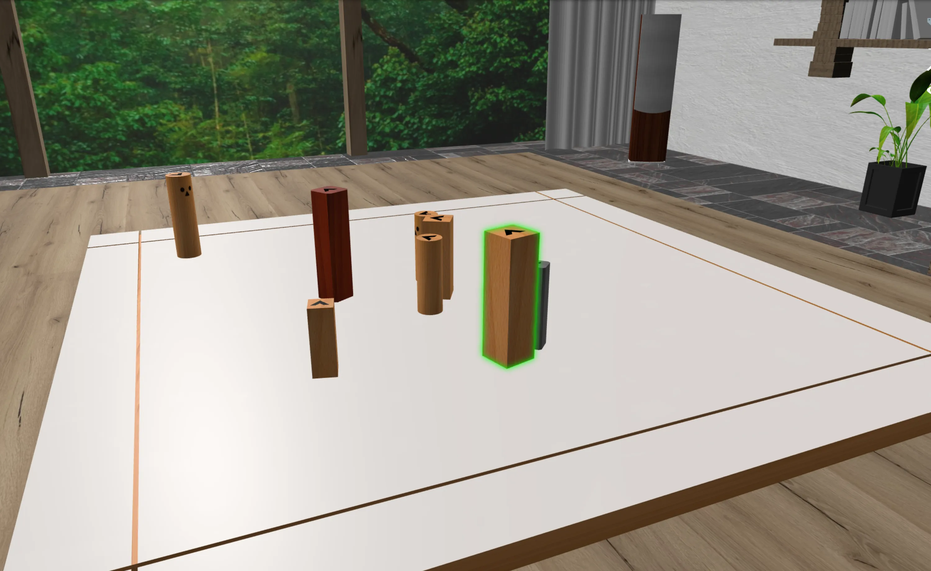 Screenshot: Systembrett mit Holzfiguren im virtuellen Raum mit Blick in den Wald