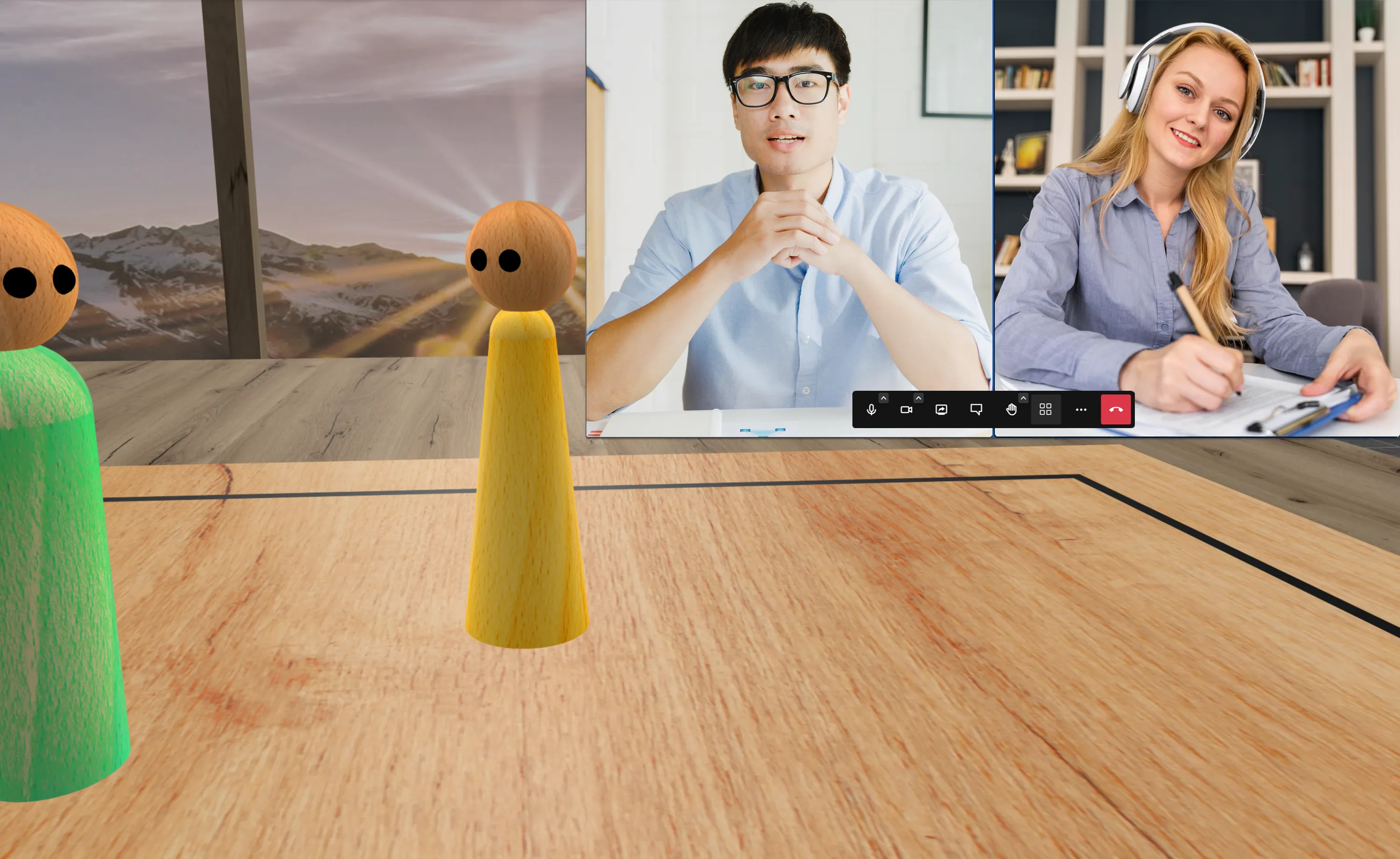 Screenshot: Videokonferenz mit zwei Teilnehmenden, eingeblendet über dem Systembrett