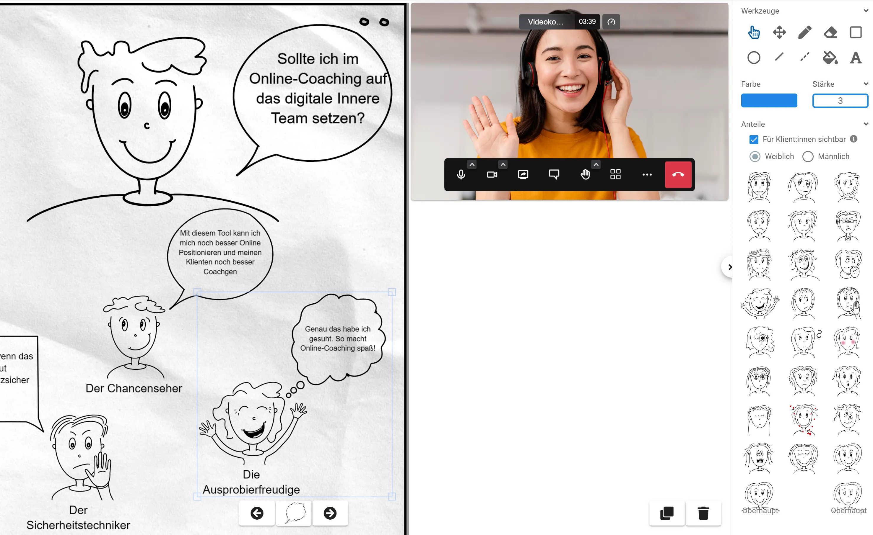 Screenshot: Inneres Team mit gezeichneten Anteilen und Sprechblasen neben der Videokonferenz