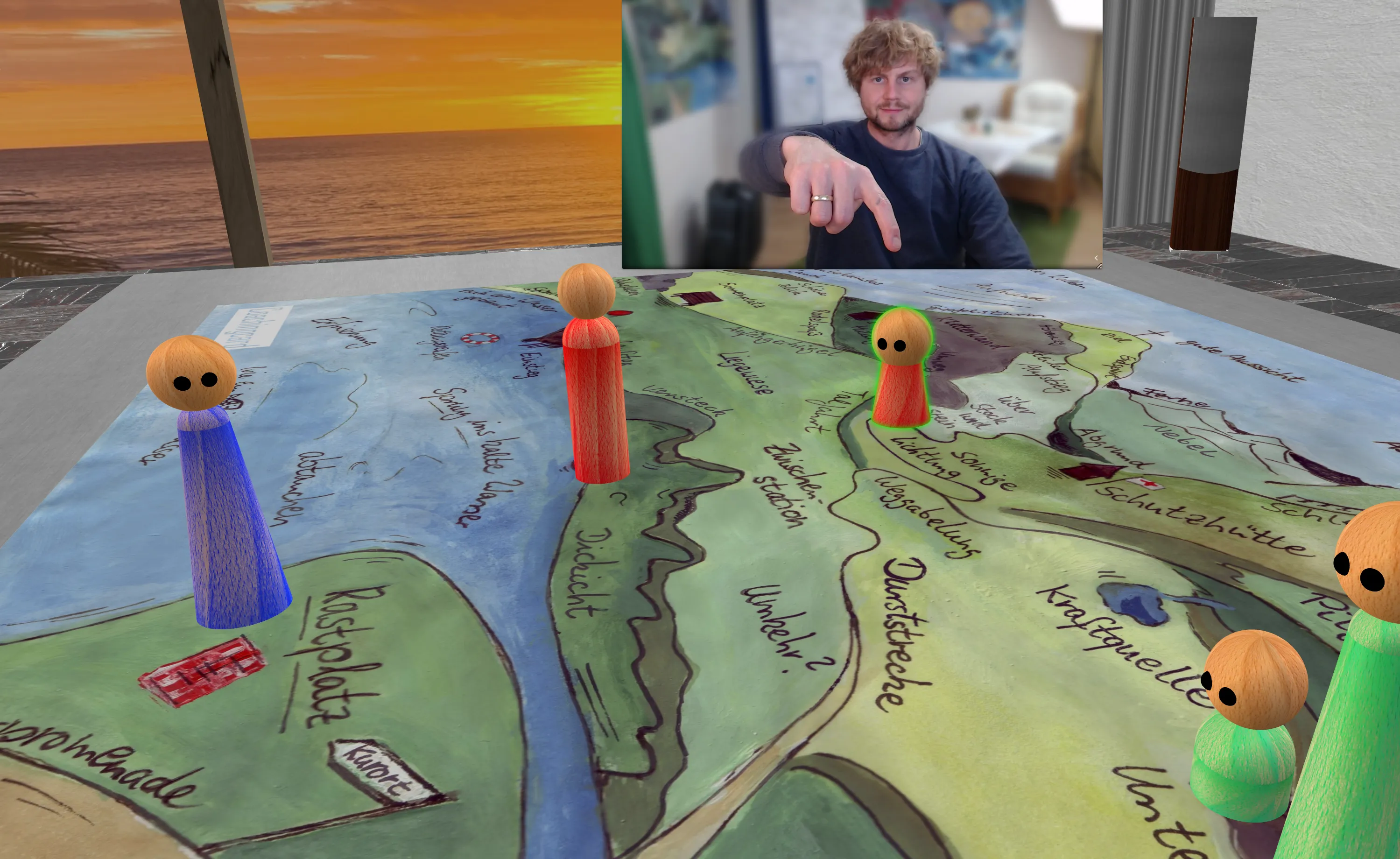 Screenshot: Positionierungskarte mit gemalter Landschaft, Holzfiguren und Videokonferenz