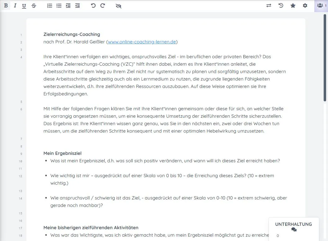 Screenshot: Journal mit der Vorlage „Zielerreichungs-Coaching“ nach Prof. Dr. Harald Geißler