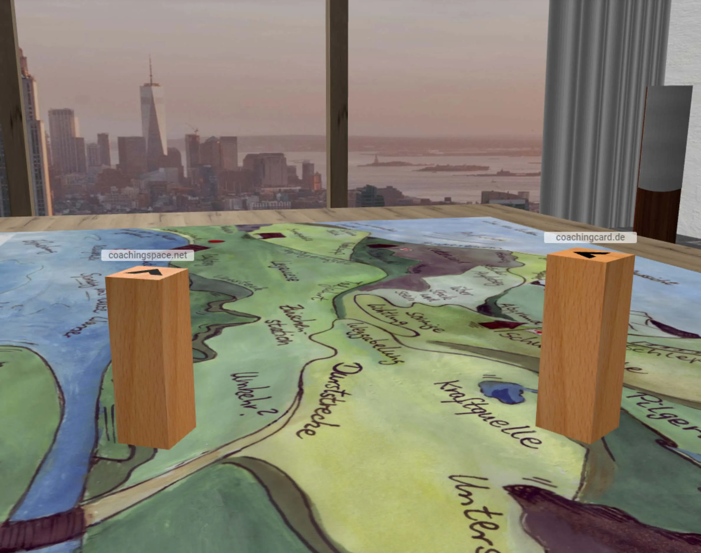 Positionierungskarte mit den Holzfiguren „coachingspace.net“ und „coachingcard.de“ vor einer Stadtskyline