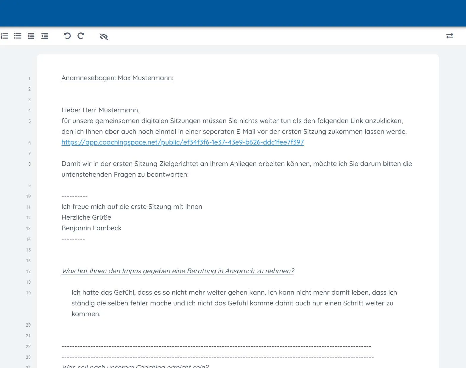 Screenshot: Journal mit einem Anamnesebogen für einen Klienten