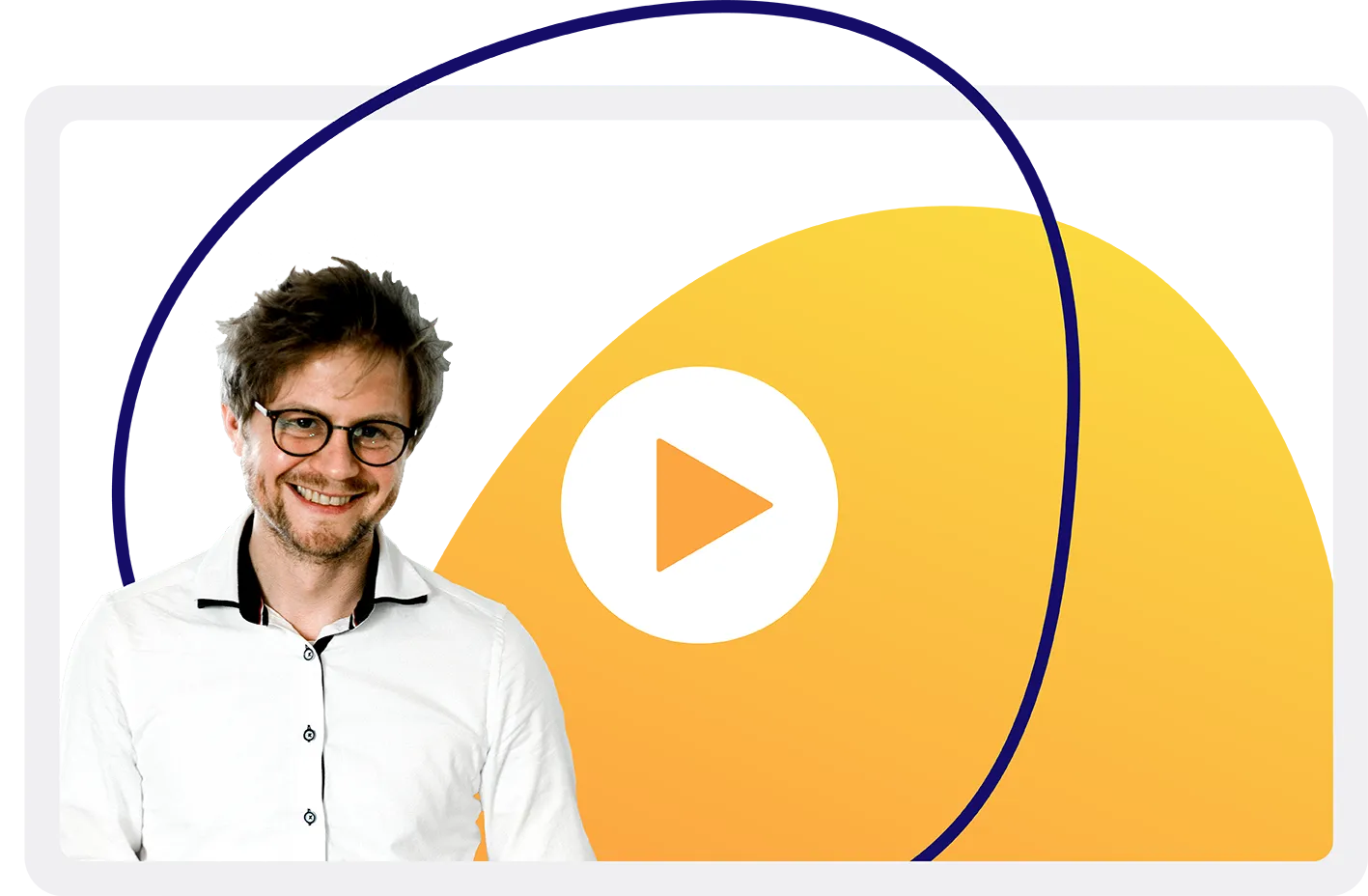 Gründer Benjamin Lambeck neben einem Play-Button für die Videotutorials